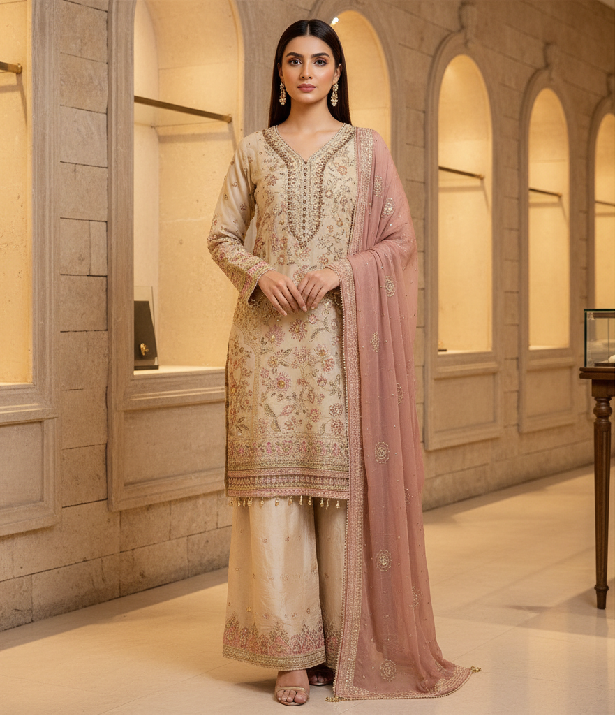 FZS Luxury Hand Embellished Kameez and Palazzo Bottoms | Wedding Party Formal Wear | Heavy Threadwork & Dupatta | Sizes M to 8XL