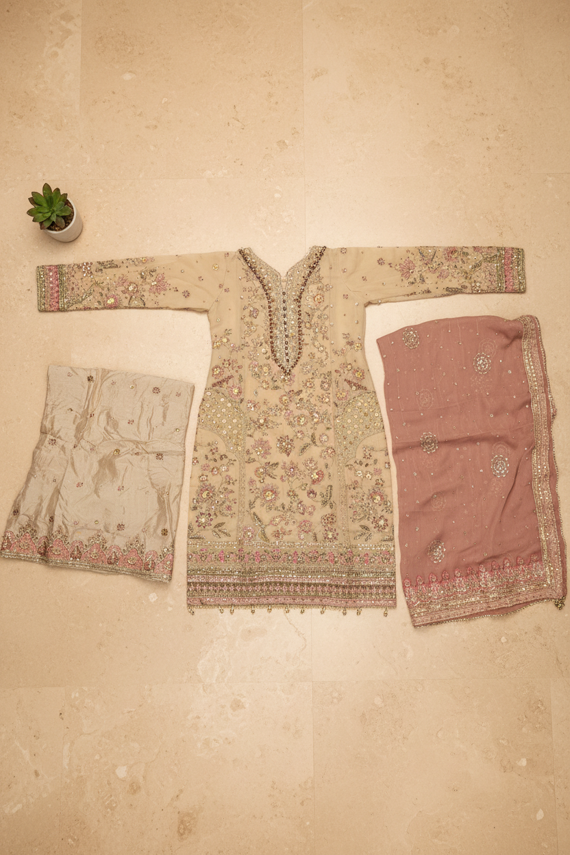 FZS Luxury Hand Embellished Kameez and Palazzo Bottoms | Wedding Party Formal Wear | Heavy Threadwork & Dupatta | Sizes M to 8XL