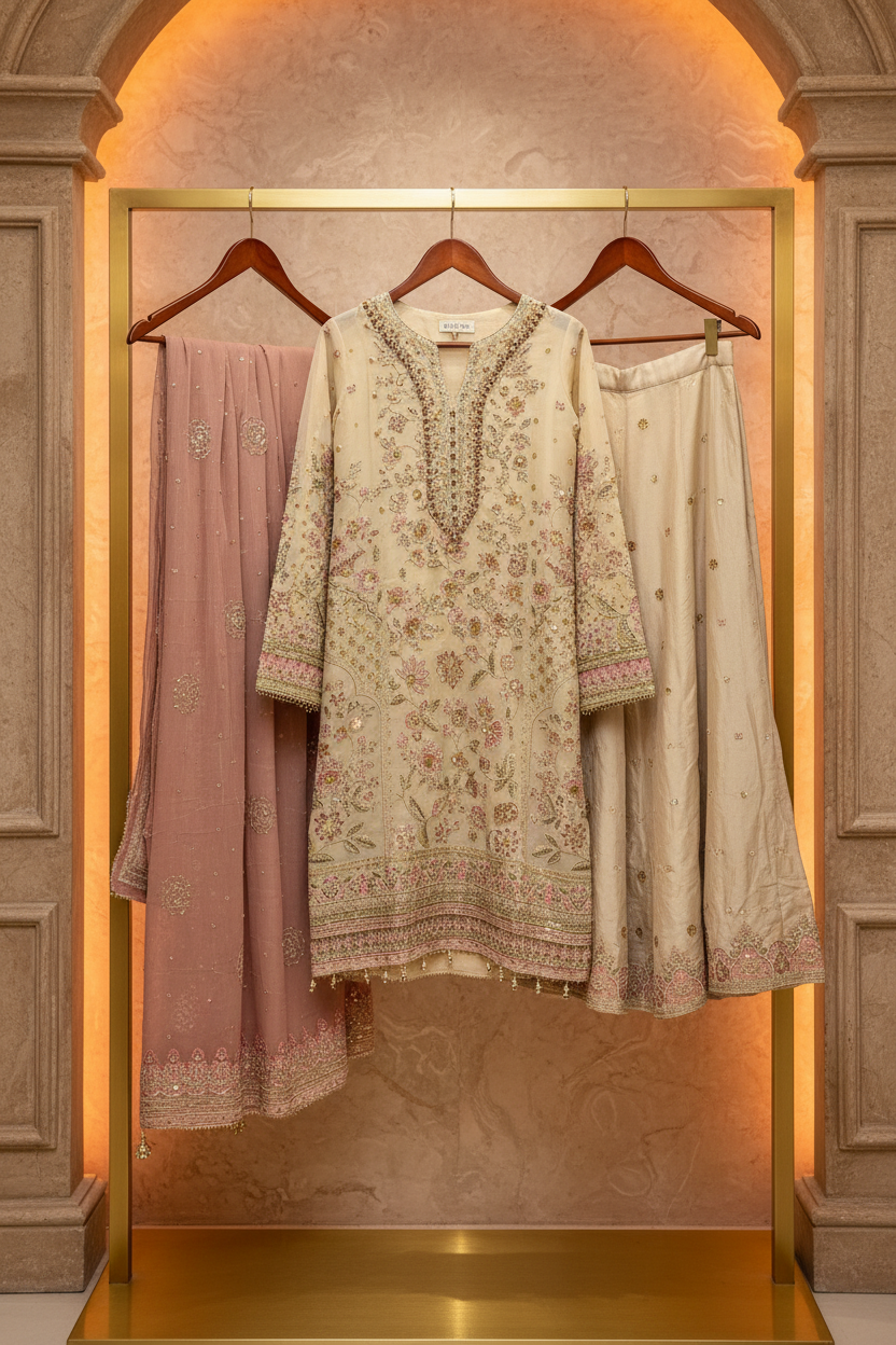 FZS Luxury Hand Embellished Kameez and Palazzo Bottoms | Wedding Party Formal Wear | Heavy Threadwork & Dupatta | Sizes M to 8XL