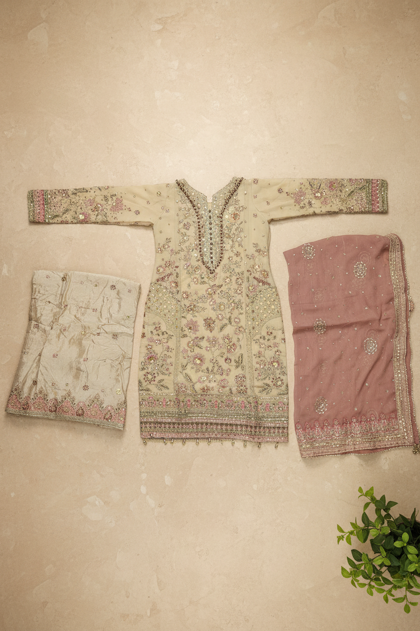 FZS Luxury Hand Embellished Kameez and Palazzo Bottoms | Wedding Party Formal Wear | Heavy Threadwork & Dupatta | Sizes M to 8XL