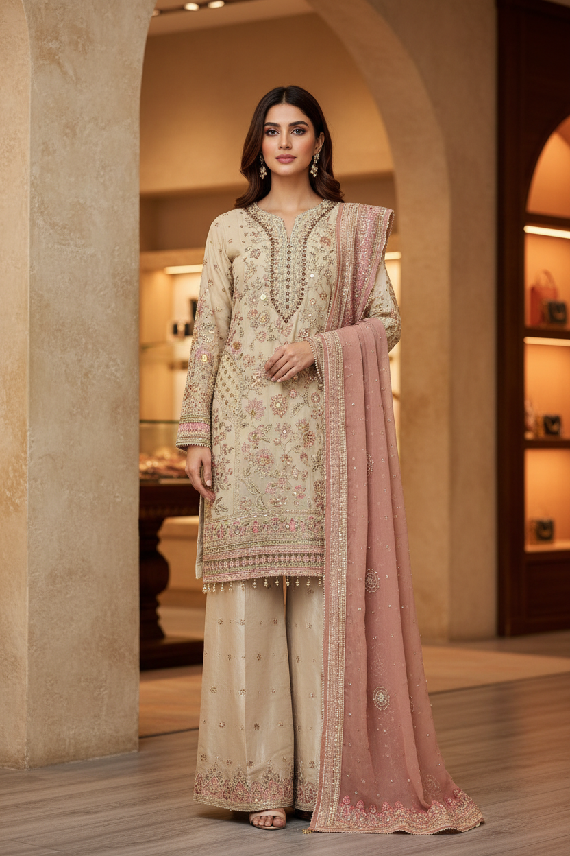 FZS Luxury Hand Embellished Kameez and Palazzo Bottoms | Wedding Party Formal Wear | Heavy Threadwork & Dupatta | Sizes M to 8XL