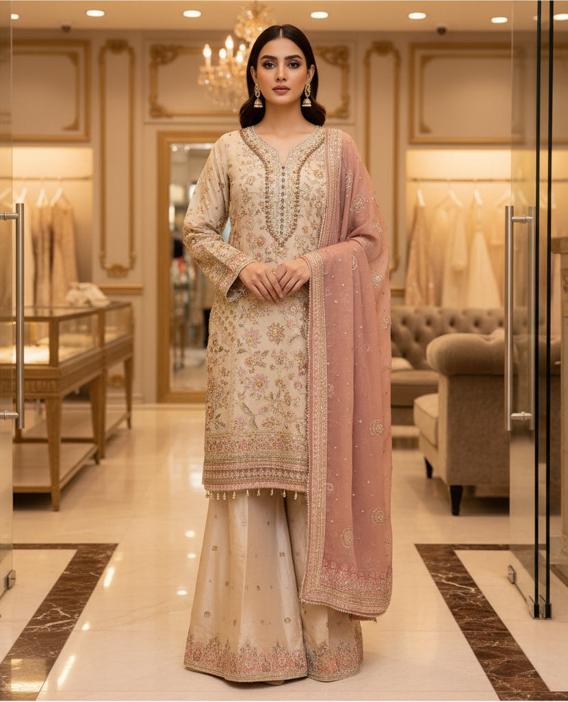 FZS Luxury Hand Embellished Kameez and Palazzo Bottoms | Wedding Party Formal Wear | Heavy Threadwork & Dupatta | Sizes M to 8XL
