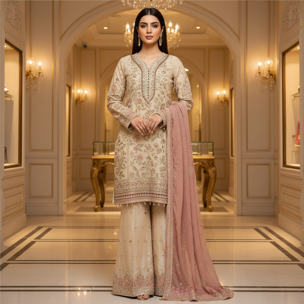 FZS Luxury Hand Embellished Kameez and Palazzo Bottoms | Wedding Party Formal Wear | Heavy Threadwork & Dupatta | Sizes M to 8XL