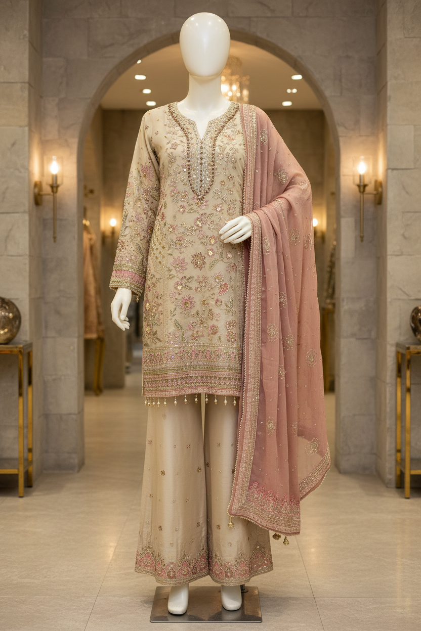 FZS Luxury Hand Embellished Kameez and Palazzo Bottoms | Wedding Party Formal Wear | Heavy Threadwork & Dupatta | Sizes M to 8XL