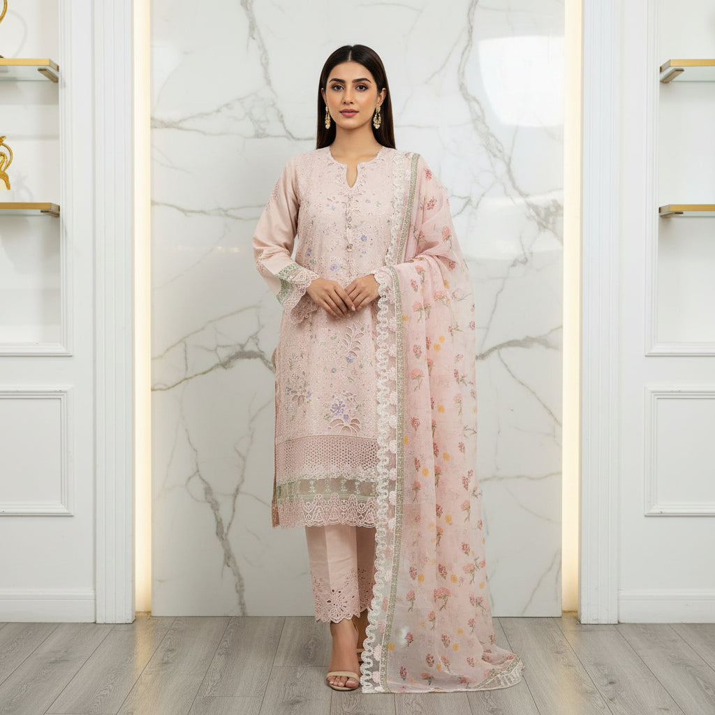 SFZ The Embroidered Masterpiece: Laser Cut, Thread Work & Pearl Embellished Cotton Kameez | Digital Silk Chiffon Dupatta | Festive Formal Plus Size | M to 8XL