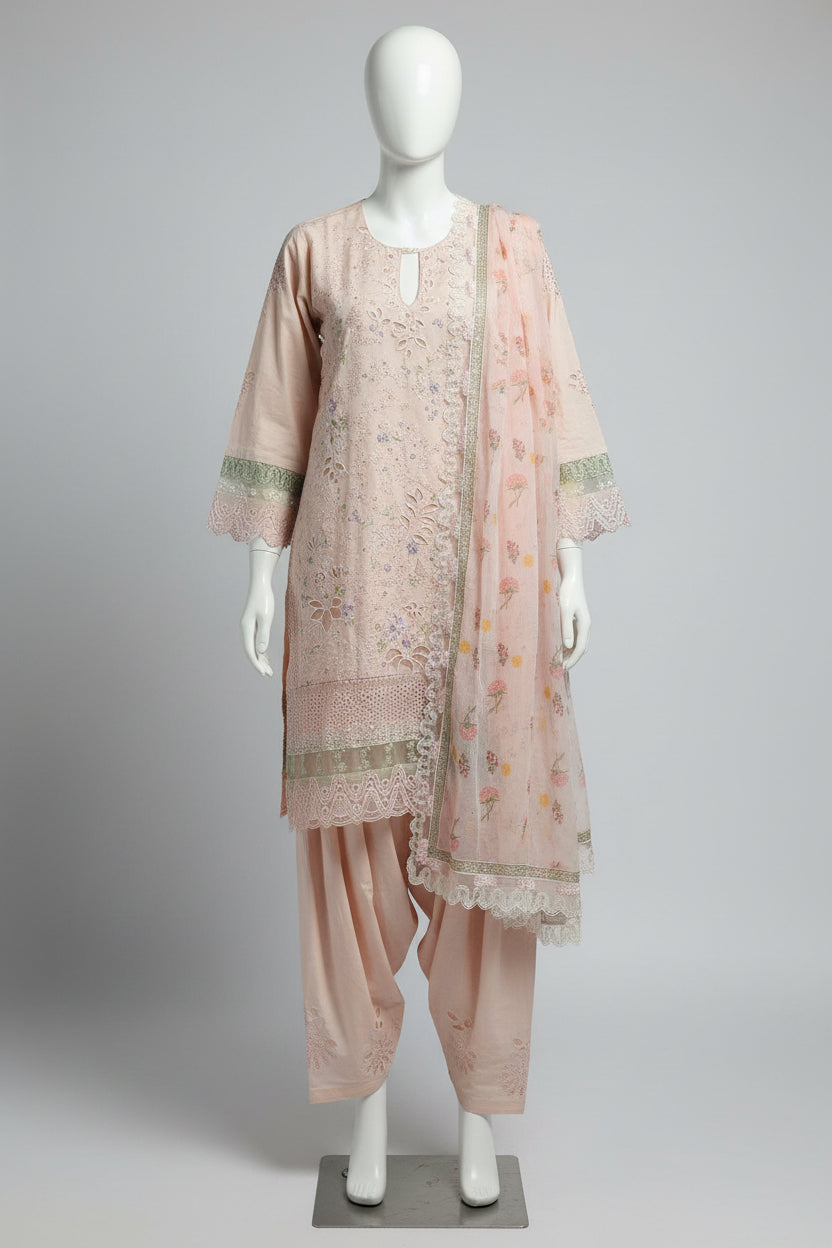 SFZ The Embroidered Masterpiece: Laser Cut, Thread Work & Pearl Embellished Cotton Kameez | Digital Silk Chiffon Dupatta | Festive Formal Plus Size | M to 8XL