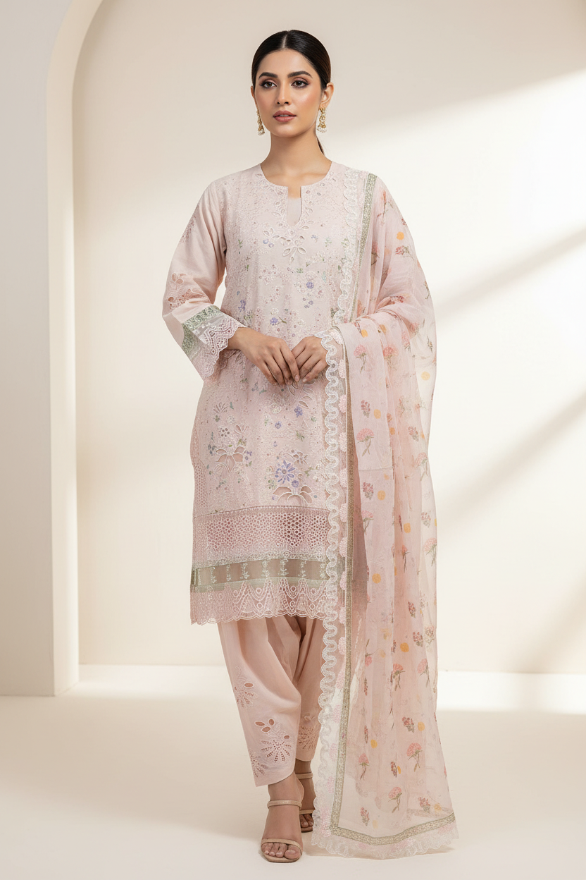 SFZ The Embroidered Masterpiece: Laser Cut, Thread Work & Pearl Embellished Cotton Kameez | Digital Silk Chiffon Dupatta | Festive Formal Plus Size | M to 8XL