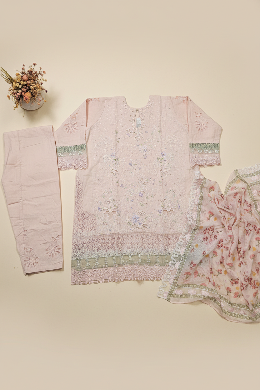 SFZ The Embroidered Masterpiece: Laser Cut, Thread Work & Pearl Embellished Cotton Kameez | Digital Silk Chiffon Dupatta | Festive Formal Plus Size | M to 8XL