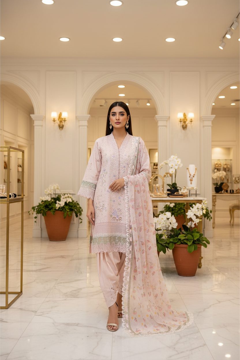 SFZ The Embroidered Masterpiece: Laser Cut, Thread Work & Pearl Embellished Cotton Kameez | Digital Silk Chiffon Dupatta | Festive Formal Plus Size | M to 8XL