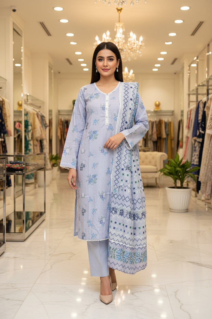 MTJ Original | Lavender Floral Printed Lawn | 3 Piece Suit | White Lace Detail