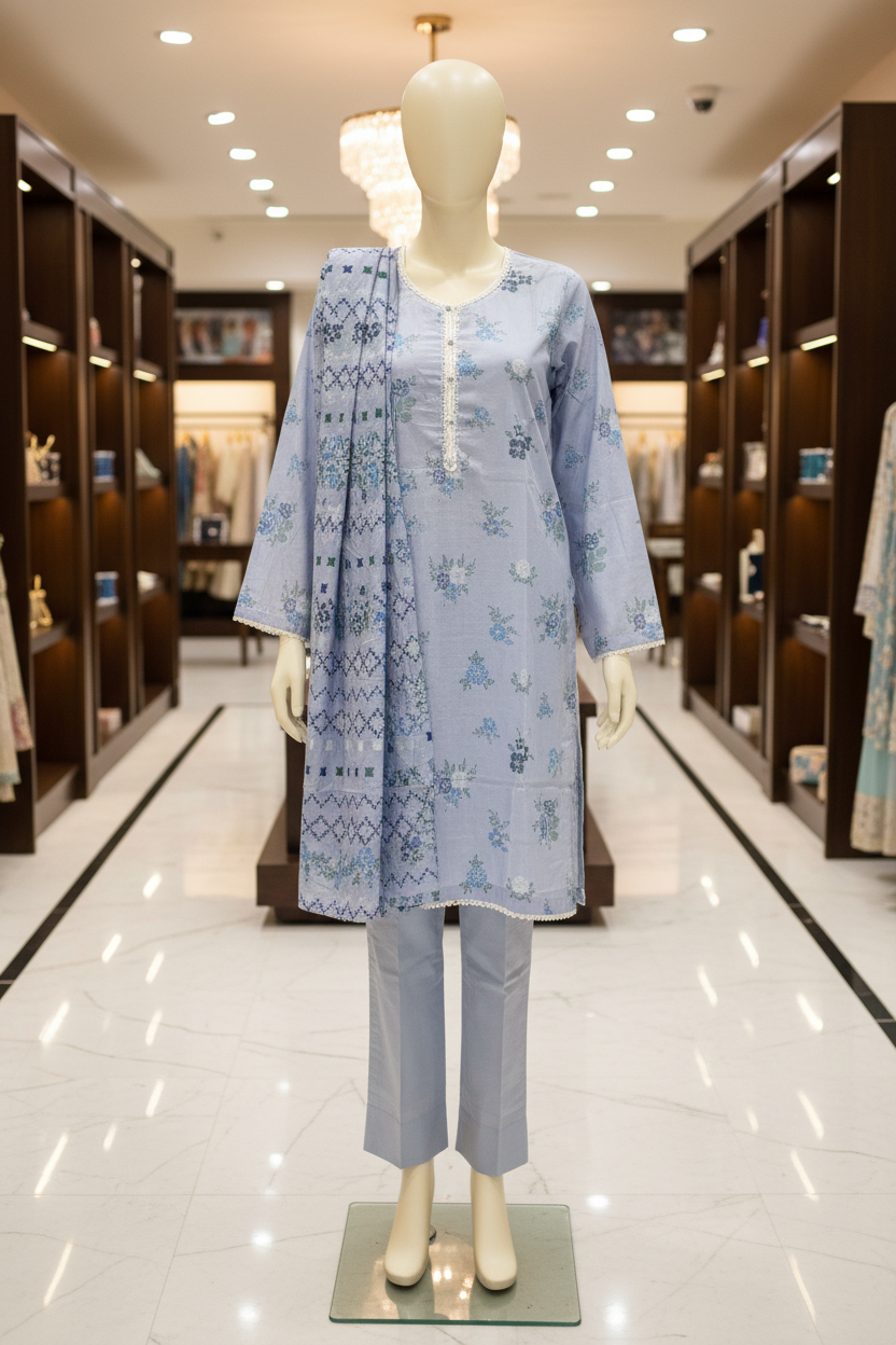 MTJ Original | Lavender Floral Printed Lawn | 3 Piece Suit | White Lace Detail