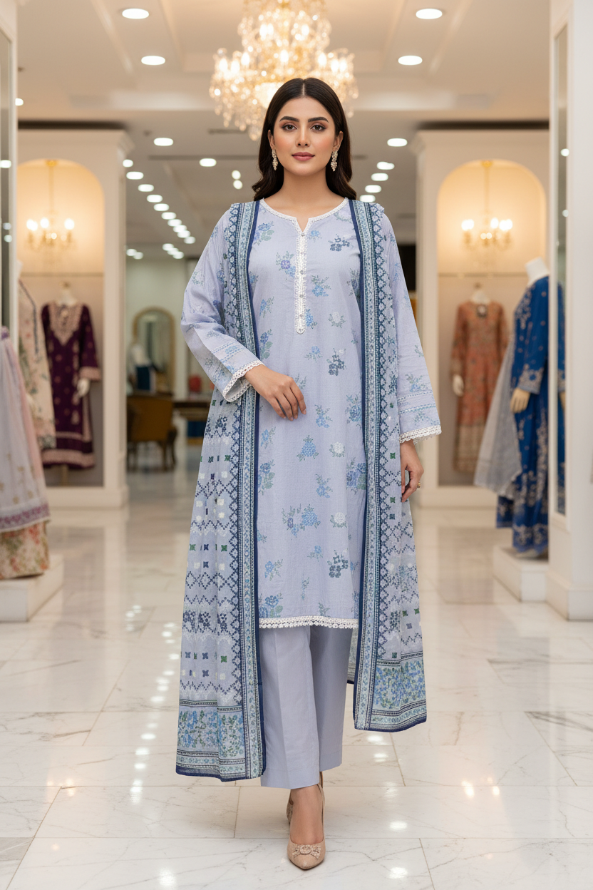 MTJ Original | Lavender Floral Printed Lawn | 3 Piece Suit | White Lace Detail