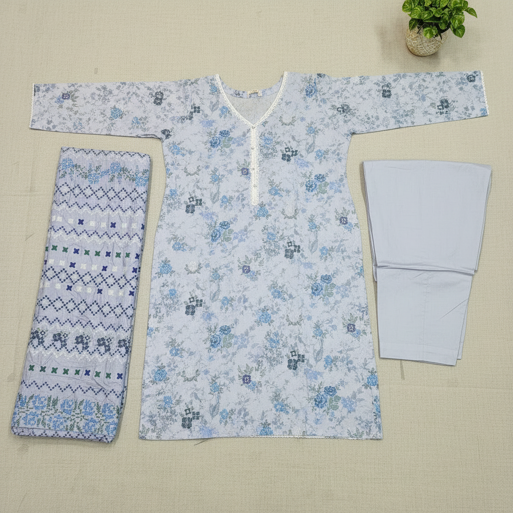 MTJ Original | Lavender Floral Printed Lawn | 3 Piece Suit | White Lace Detail