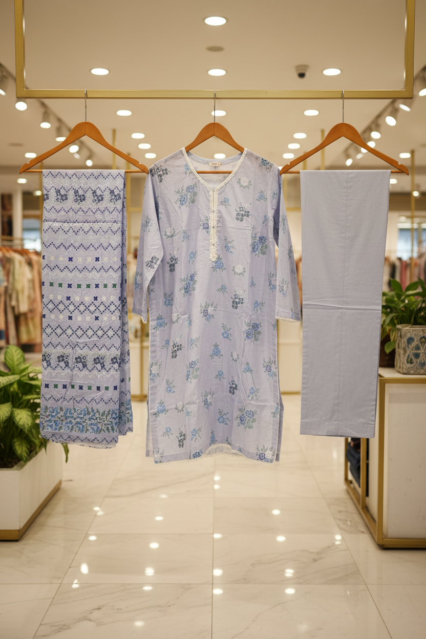 MTJ Original | Lavender Floral Printed Lawn | 3 Piece Suit | White Lace Detail