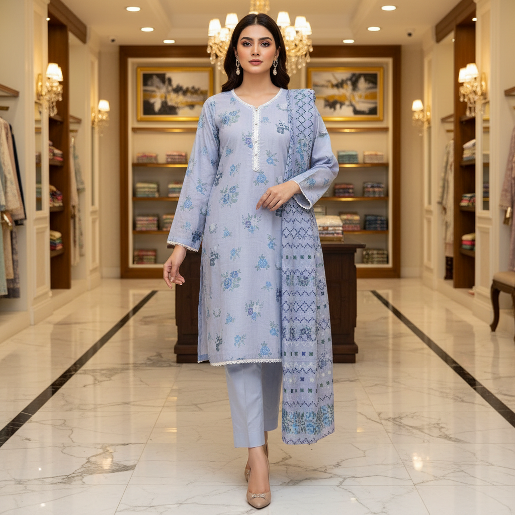 MTJ Original | Lavender Floral Printed Lawn | 3 Piece Suit | White Lace Detail