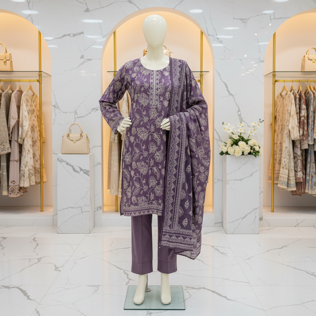 MHK Original | Elegant Plum Lawn Suit | Printed Dupatta | Plain Trouser