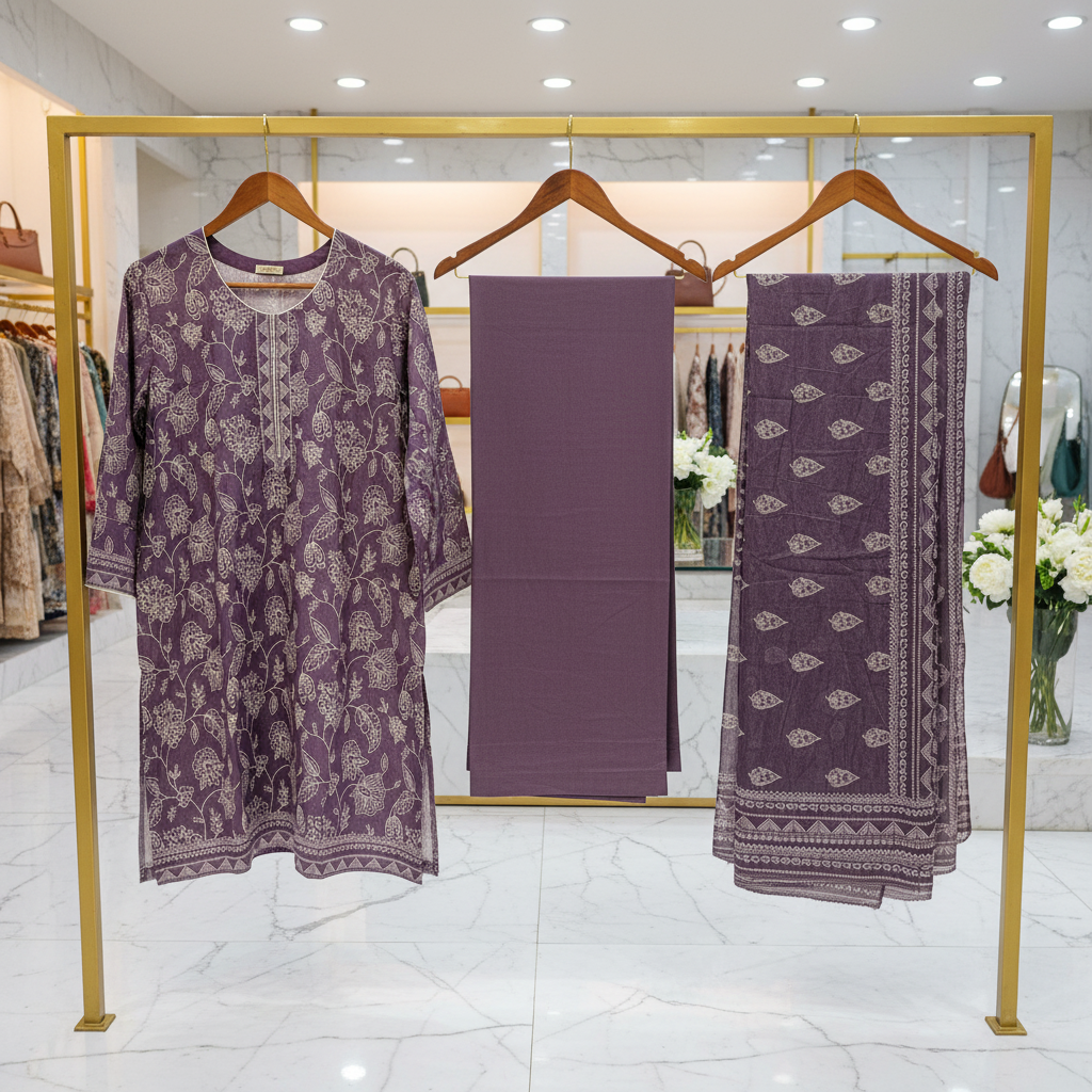 MHK Original | Elegant Plum Lawn Suit | Printed Dupatta | Plain Trouser