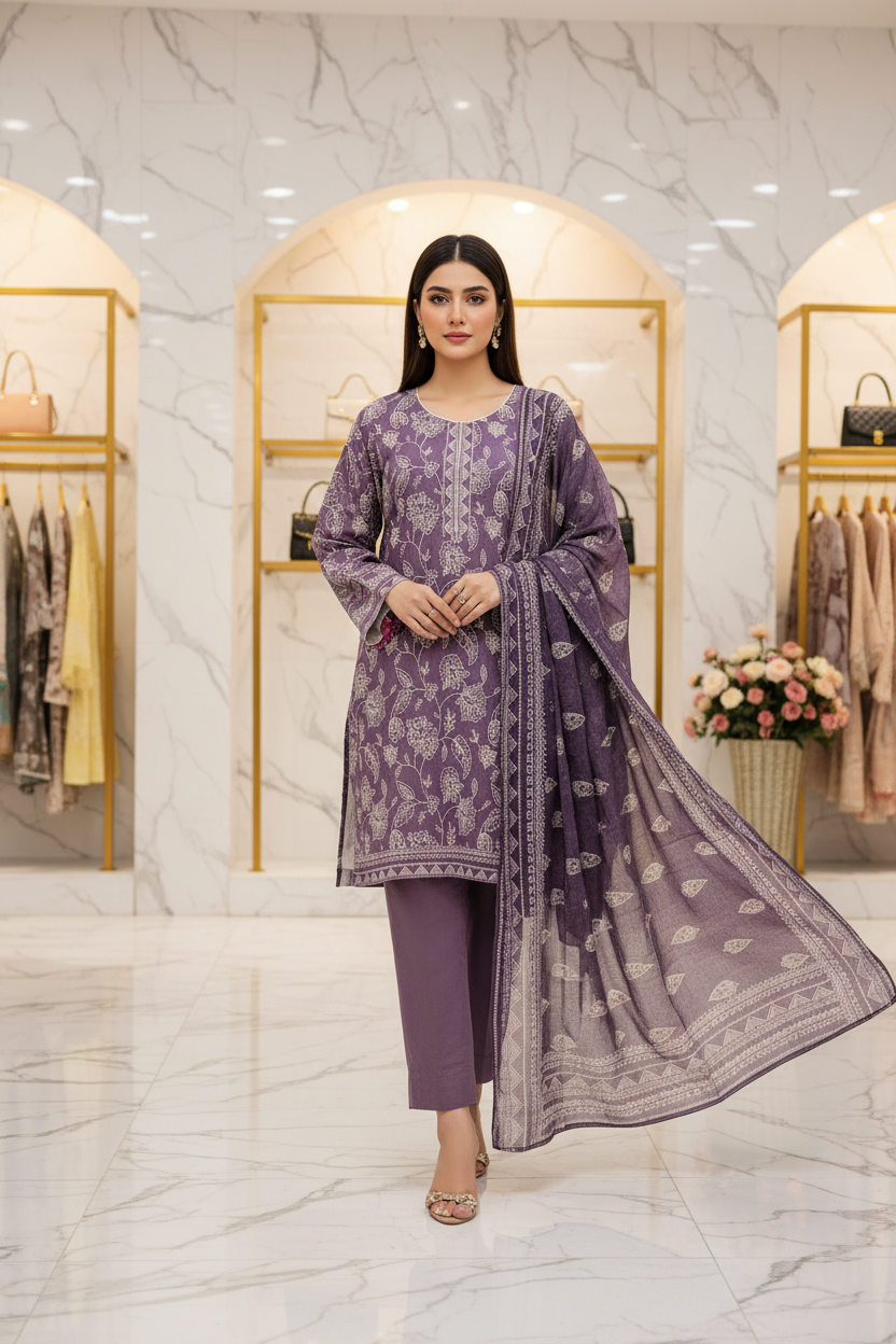 MHK Original | Elegant Plum Lawn Suit | Printed Dupatta | Plain Trouser