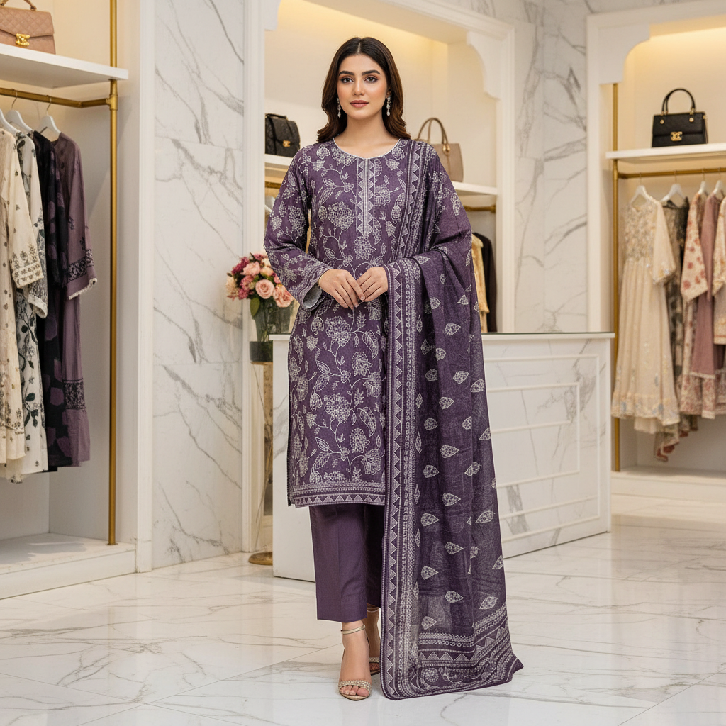 MHK Original | Elegant Plum Lawn Suit | Printed Dupatta | Plain Trouser