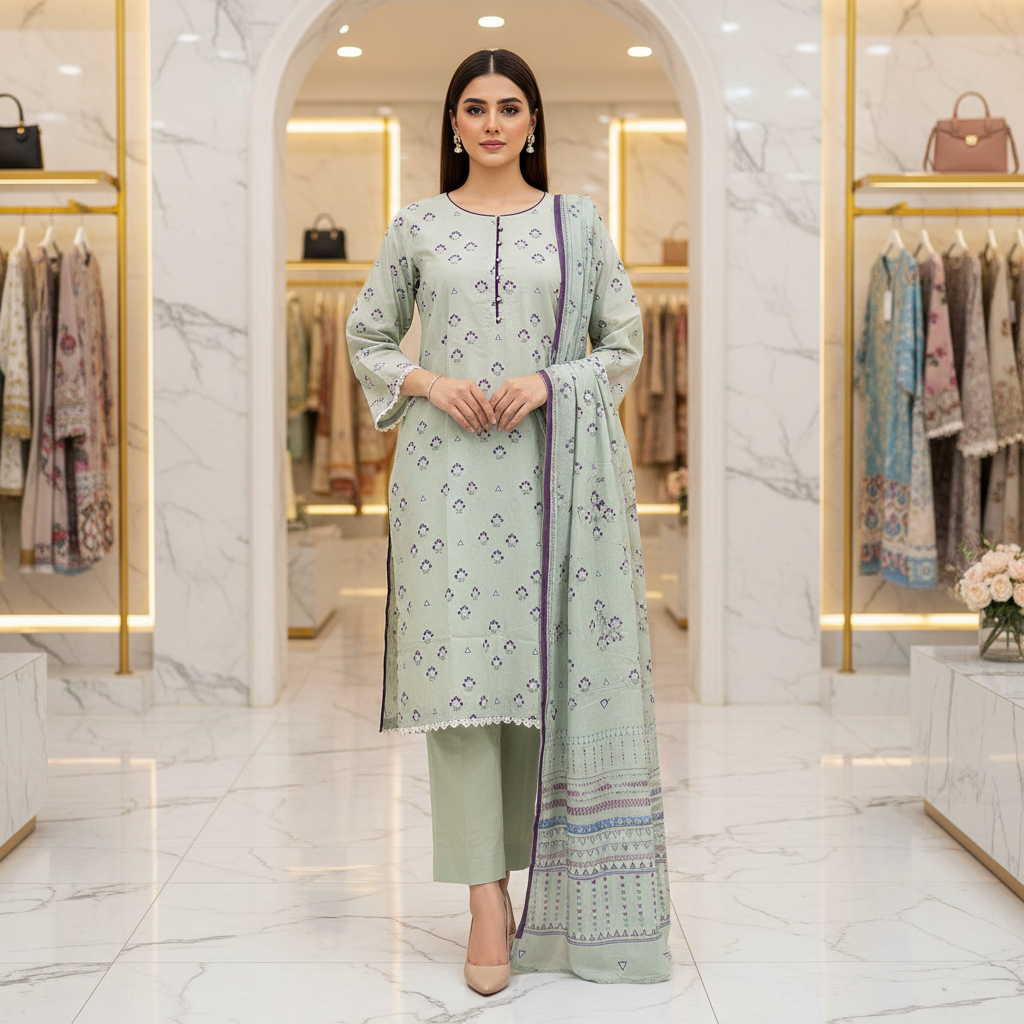 MTJ Original | Pastel Sage Floral Printed Lawn Suit | Plain Trouser | 3 Piece Set