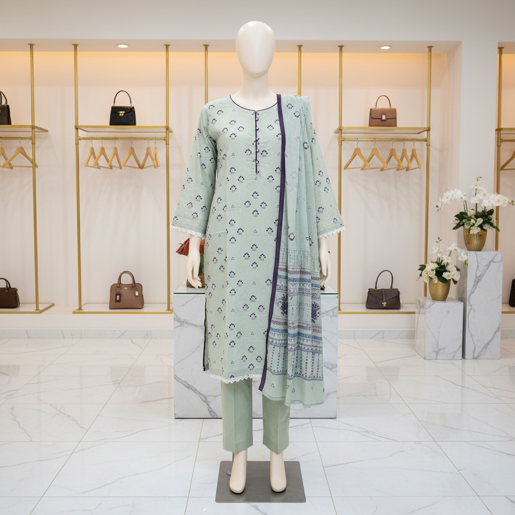 MTJ Original | Pastel Sage Floral Printed Lawn Suit | Plain Trouser | 3 Piece Set