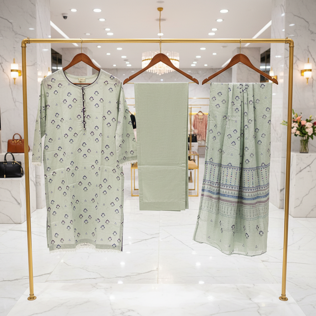MTJ Original | Pastel Sage Floral Printed Lawn Suit | Plain Trouser | 3 Piece Set