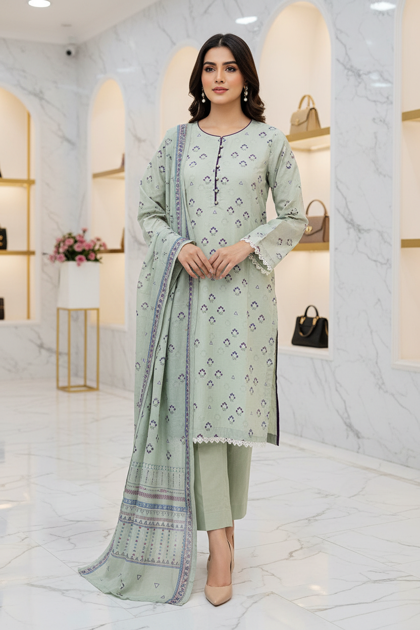 MTJ Original | Pastel Sage Floral Printed Lawn Suit | Plain Trouser | 3 Piece Set