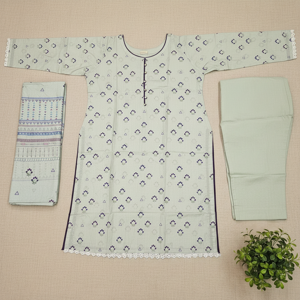 MTJ Original | Pastel Sage Floral Printed Lawn Suit | Plain Trouser | 3 Piece Set