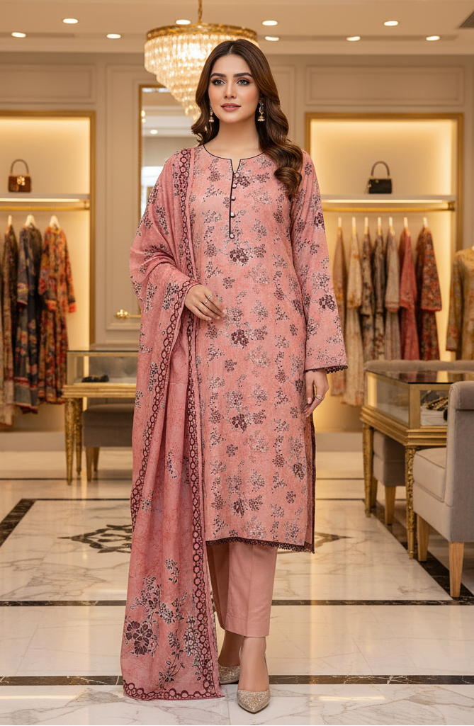 MTJ Original | Adore Women's Peach Floral | Printed Lawn 3 Piece Suit | Printed Dupatta | Plain Trouser