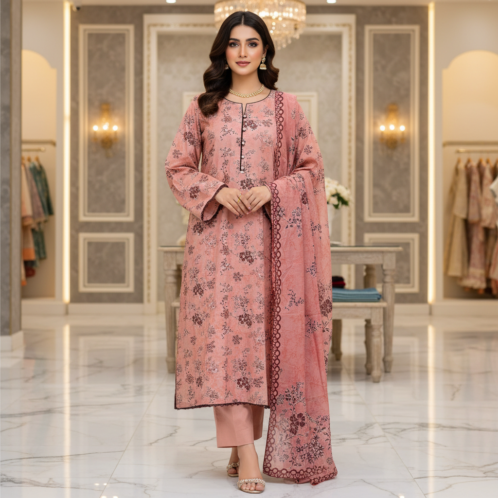 MTJ Original | Adore Women's Peach Floral | Printed Lawn 3 Piece Suit | Printed Dupatta | Plain Trouser