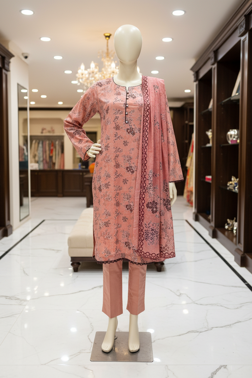 MTJ Original | Adore Women's Peach Floral | Printed Lawn 3 Piece Suit | Printed Dupatta | Plain Trouser