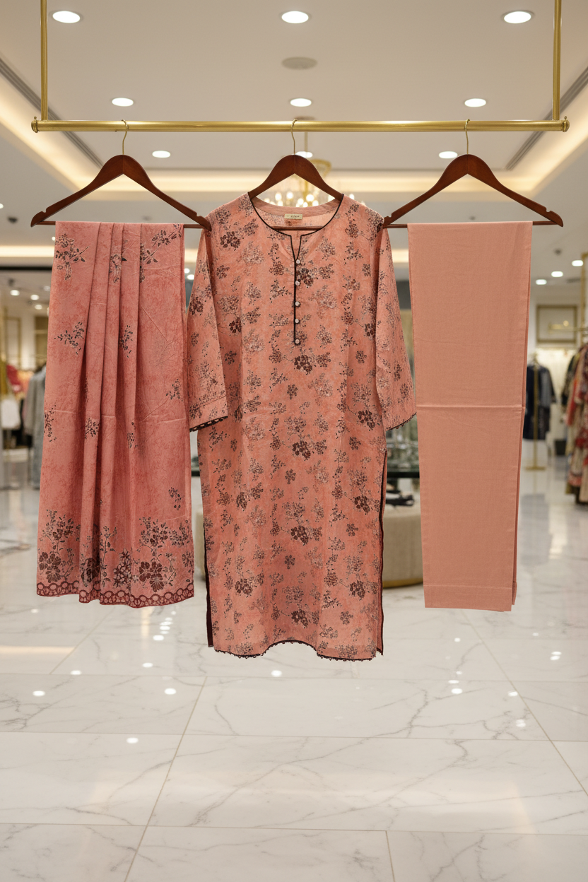 MTJ Original | Adore Women's Peach Floral | Printed Lawn 3 Piece Suit | Printed Dupatta | Plain Trouser