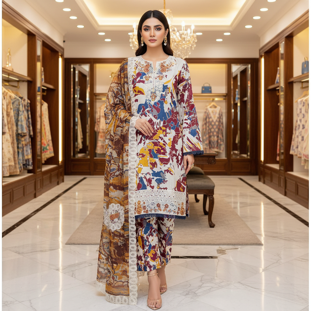 SAPP Premium Printed Lawn Suit | Embroidered Neck | Luxury Printed Dupatta