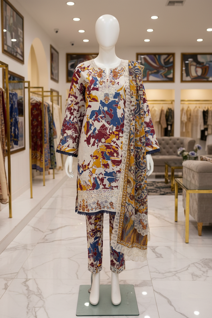 SAPP Premium Printed Lawn Suit | Embroidered Neck | Luxury Printed Dupatta