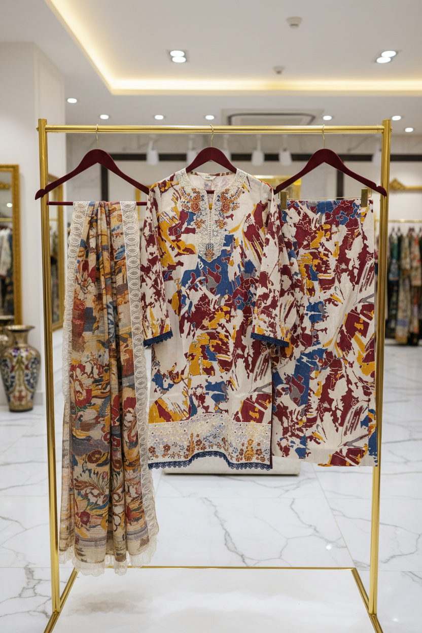 SAPP Premium Printed Lawn Suit | Embroidered Neck | Luxury Printed Dupatta