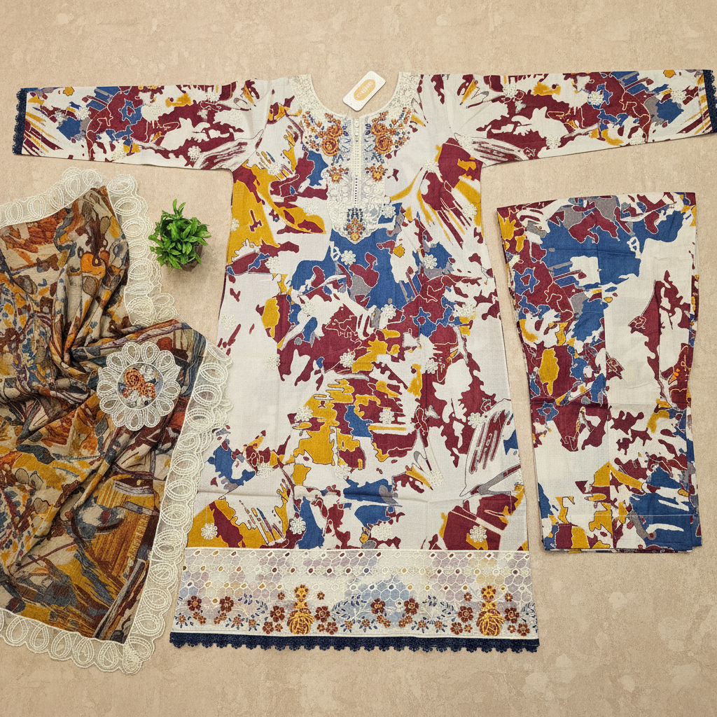 SAPP Premium Printed Lawn Suit | Embroidered Neck | Luxury Printed Dupatta