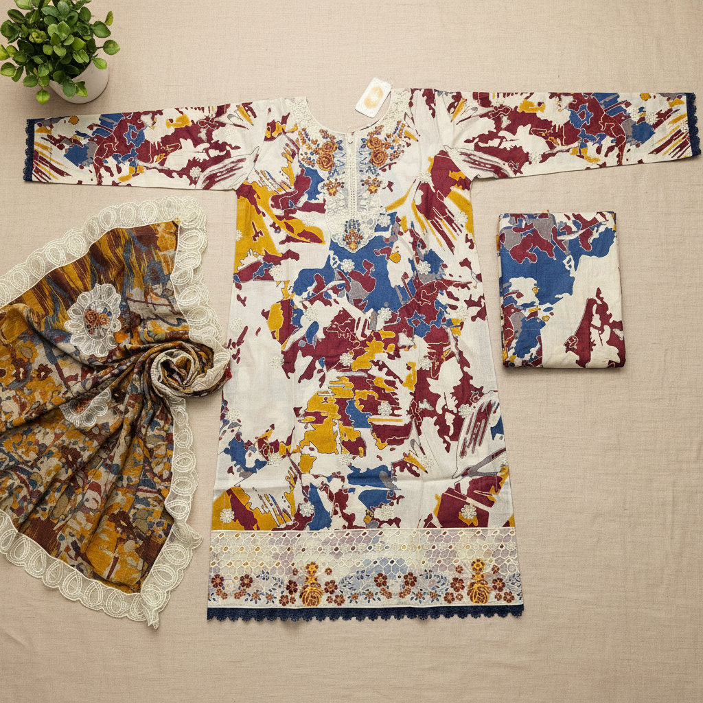 SAPP Premium Printed Lawn Suit | Embroidered Neck | Luxury Printed Dupatta