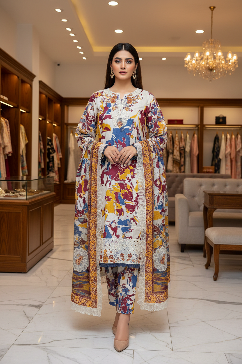 SAPP Premium Printed Lawn Suit | Embroidered Neck | Luxury Printed Dupatta