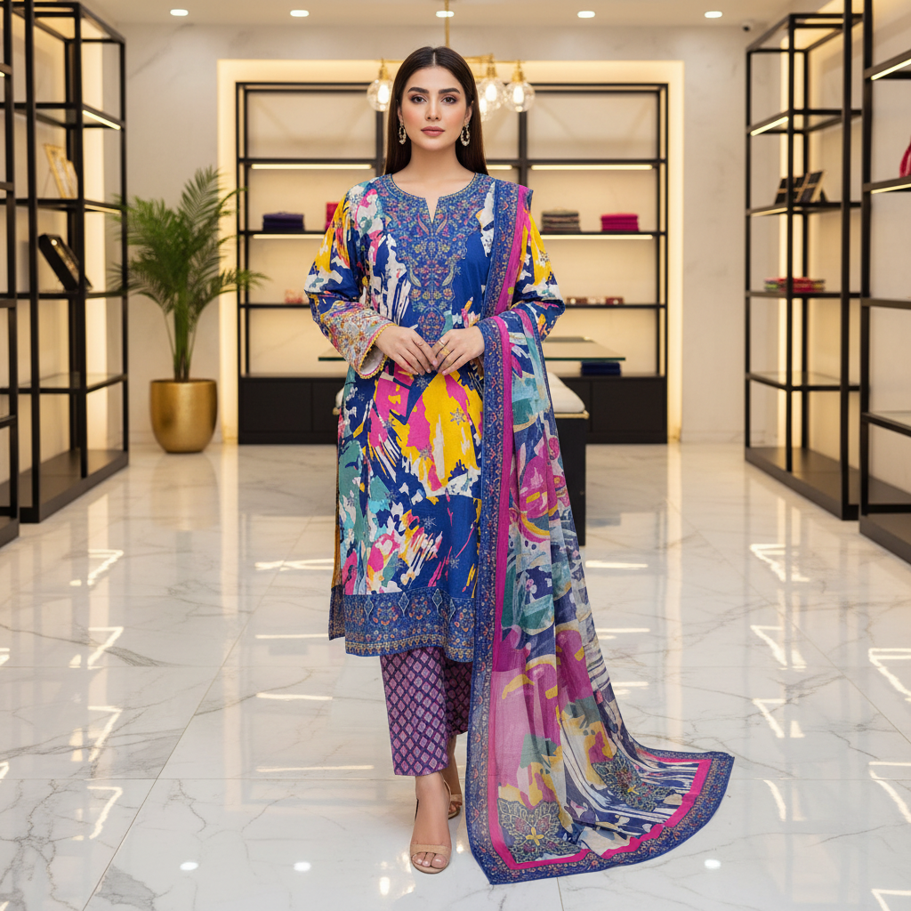 SAPP Premium Abstract Printed Lawn Suit | Embroidered Neck | Designer Dupatta