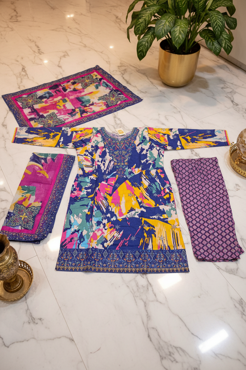 SAPP Premium Abstract Printed Lawn Suit | Embroidered Neck | Designer Dupatta