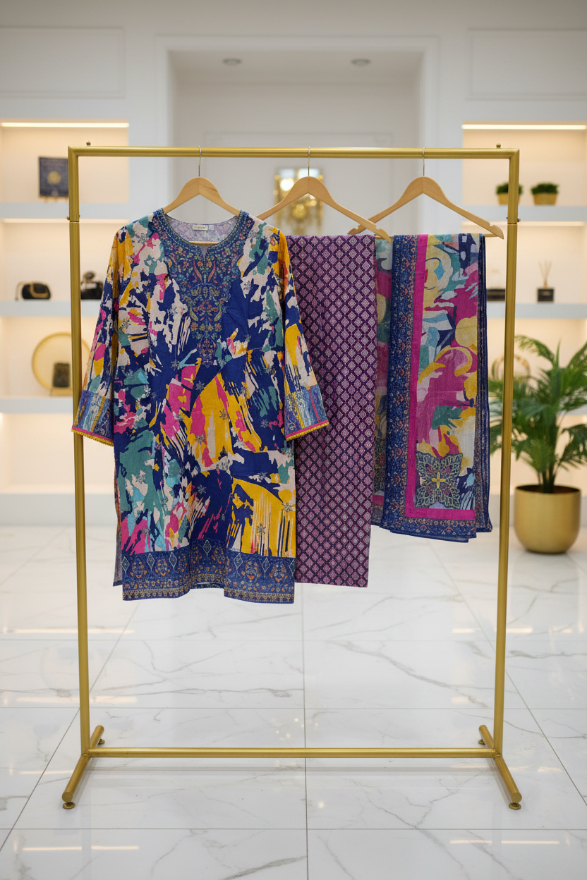 SAPP Premium Abstract Printed Lawn Suit | Embroidered Neck | Designer Dupatta