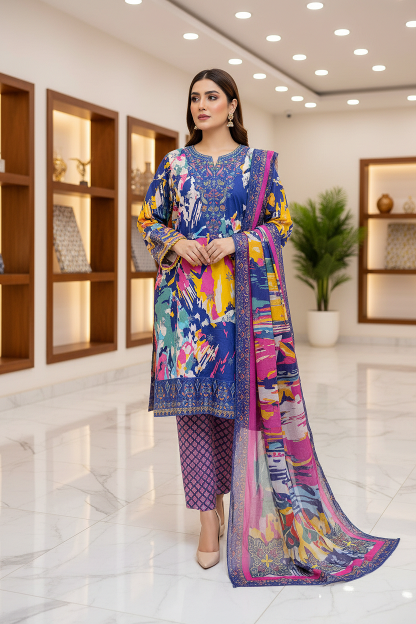 SAPP Premium Abstract Printed Lawn Suit | Embroidered Neck | Designer Dupatta
