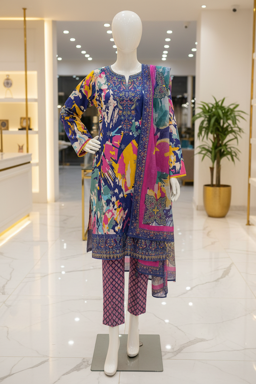 SAPP Premium Abstract Printed Lawn Suit | Embroidered Neck | Designer Dupatta