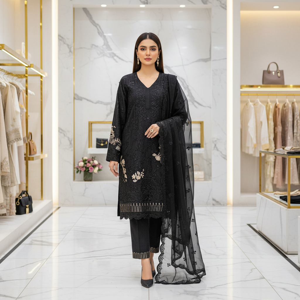MB Mbroidered | Midnight Noir | Embroidered Cotton Suit | Chiffon Dupatta