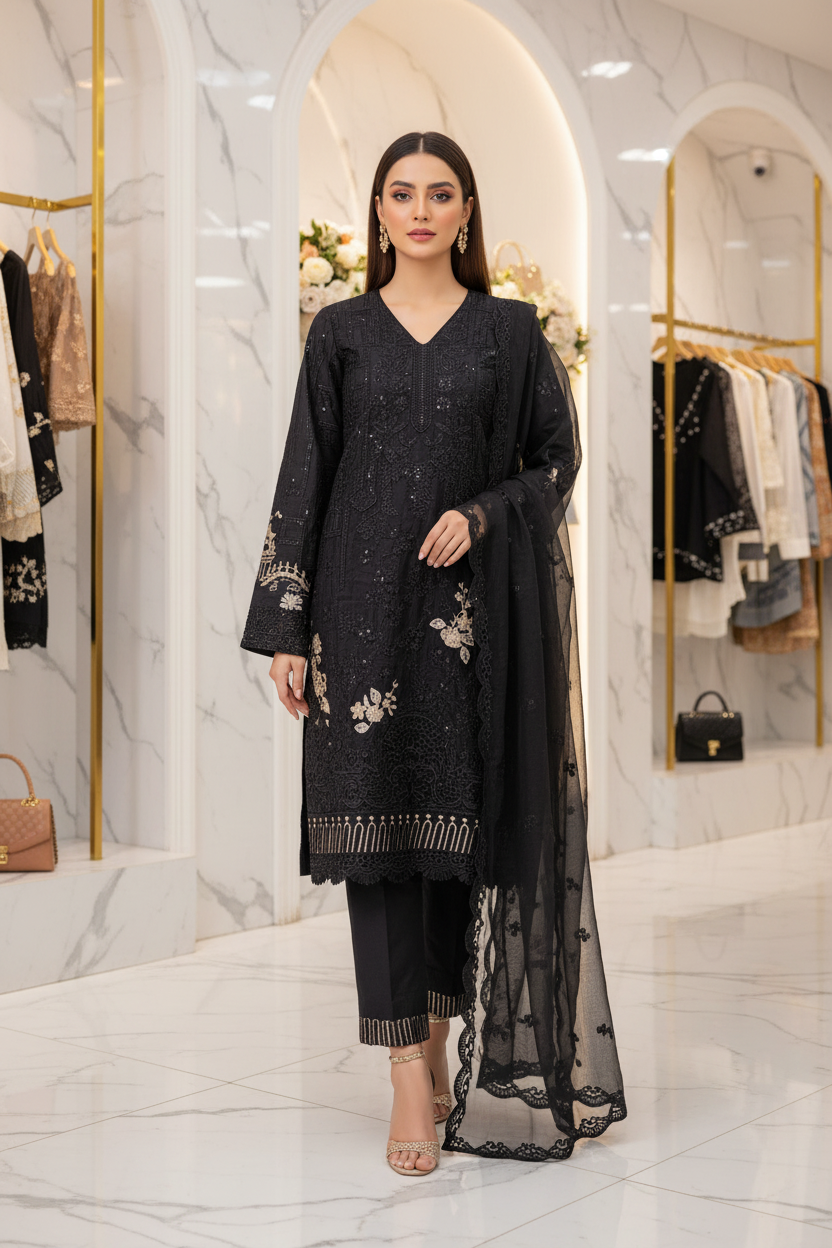 MB Mbroidered | Midnight Noir | Embroidered Cotton Suit | Chiffon Dupatta