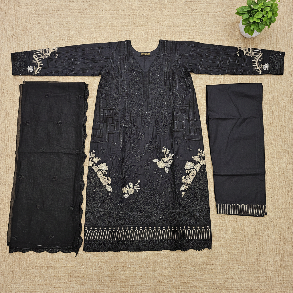 MB Mbroidered | Midnight Noir | Embroidered Cotton Suit | Chiffon Dupatta