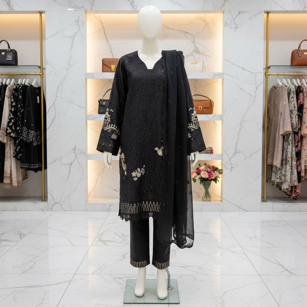MB Mbroidered | Midnight Noir | Embroidered Cotton Suit | Chiffon Dupatta