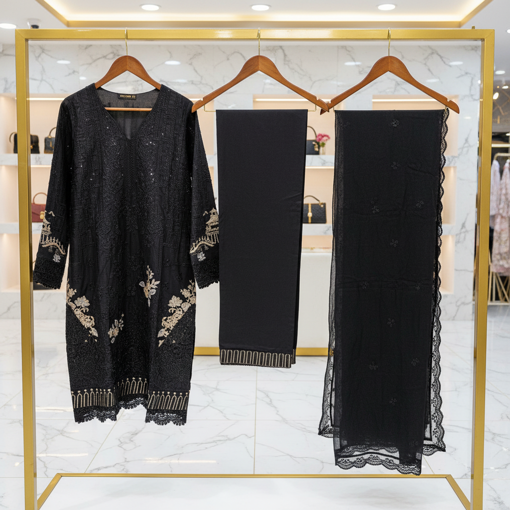 MB Mbroidered | Midnight Noir | Embroidered Cotton Suit | Chiffon Dupatta