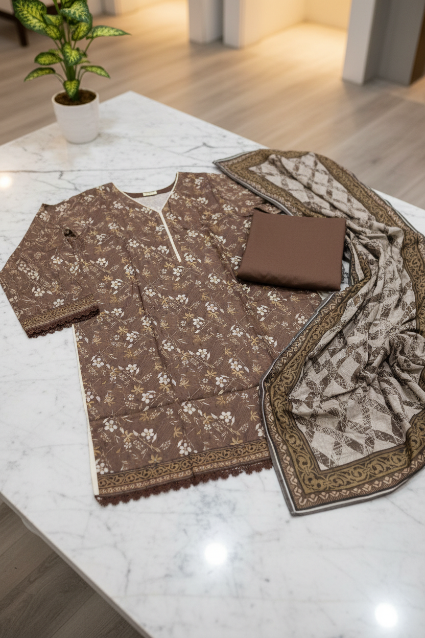 MTJ Cocoa Brown Printed Lawn Suit | Floral Print | Matching Border | Printed Dupatta