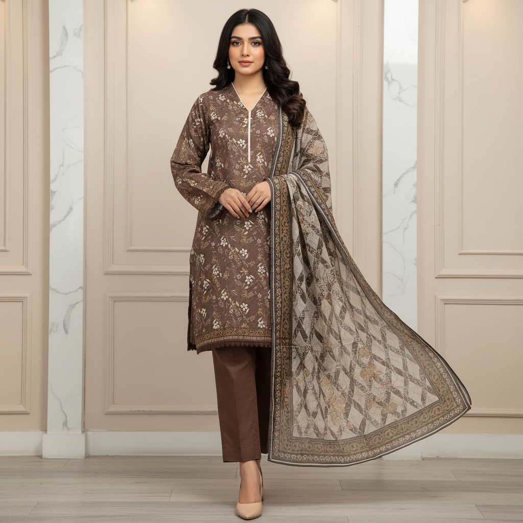 MTJ Cocoa Brown Printed Lawn Suit | Floral Print | Matching Border | Printed Dupatta